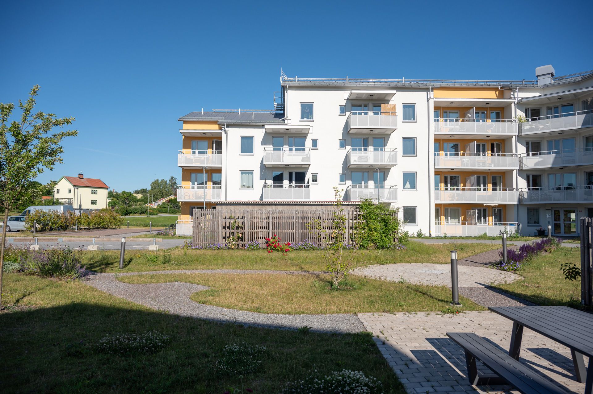Bild på en fastighet och blå himmel